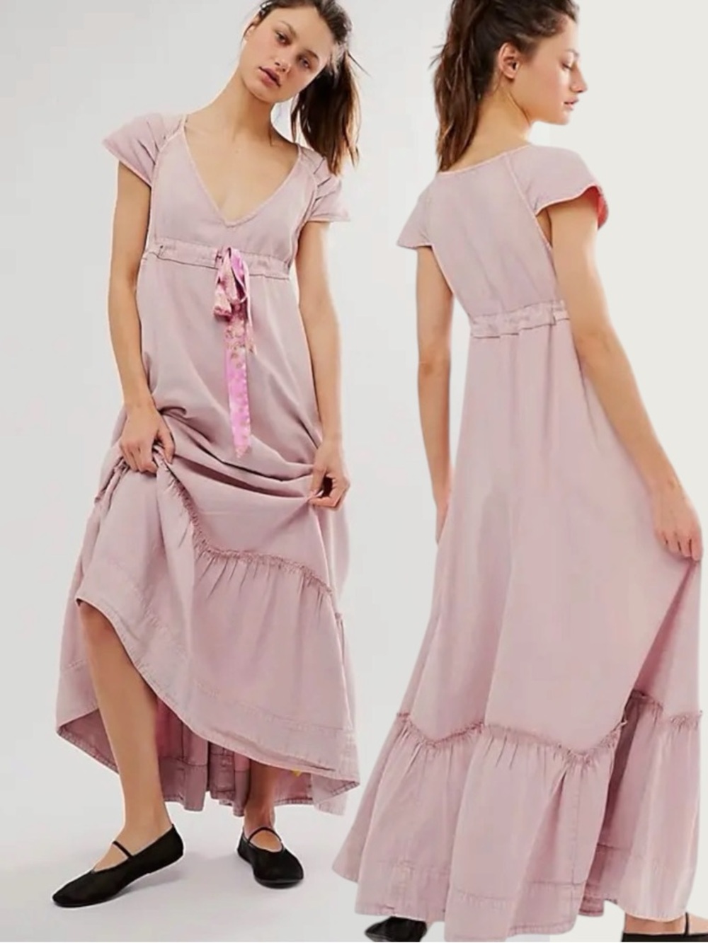 Free People XL Roucha Denim Maxi Dress Pink Pale Mauve Retro 70s Dainty